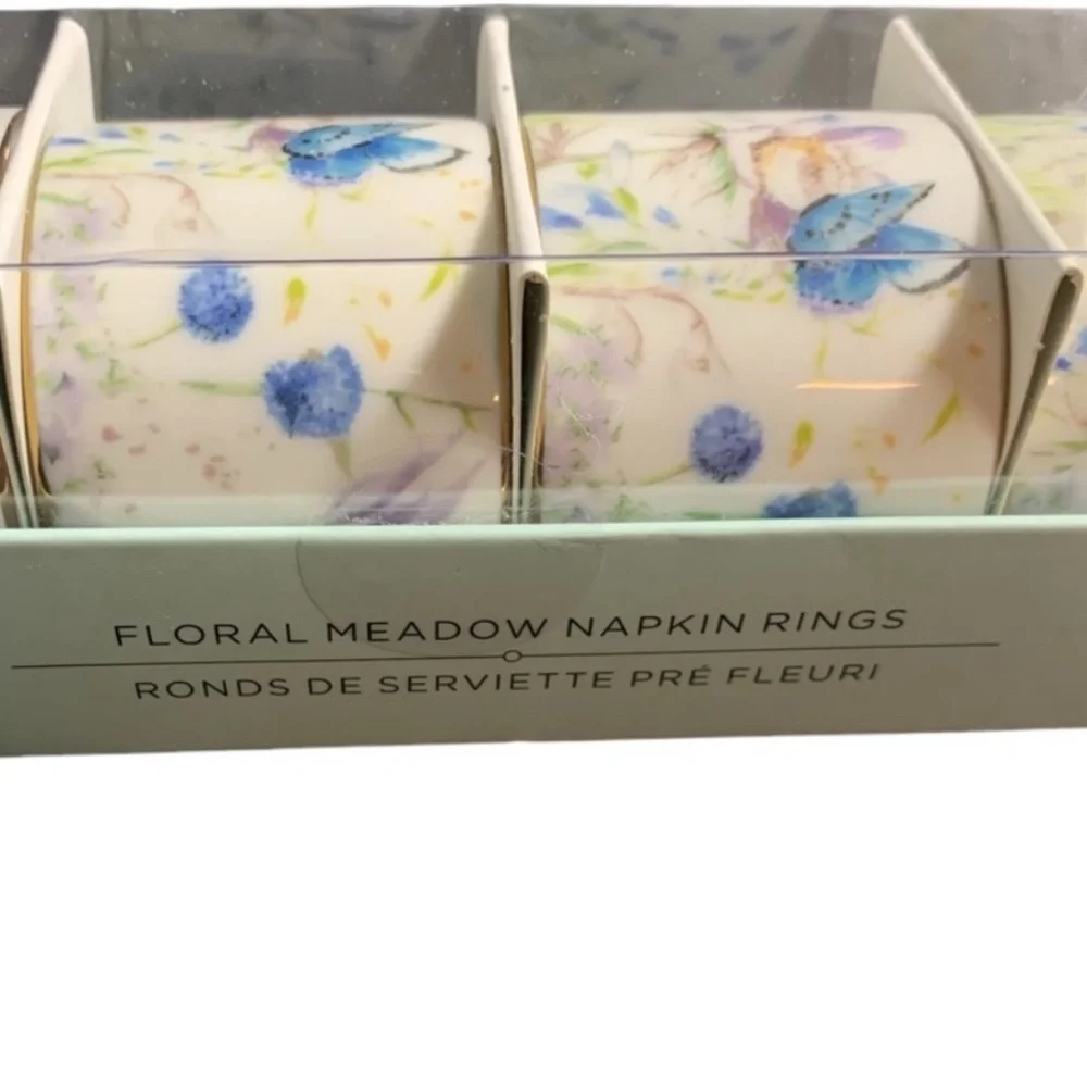 William Sonoma Floral Meadow Napkin Rings Set of 6 Easter Regency Whimsical NEW